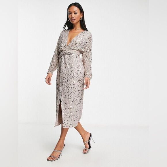 ASOS DESIGN midi dress with batwing sleeve & wrap waist in scatter sequin sz 12 - Picture 1 of 8